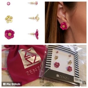 🌷3 Pair ZENZII Blossoms Hot Pink/ 18K Gold Handpainted Earrings Set